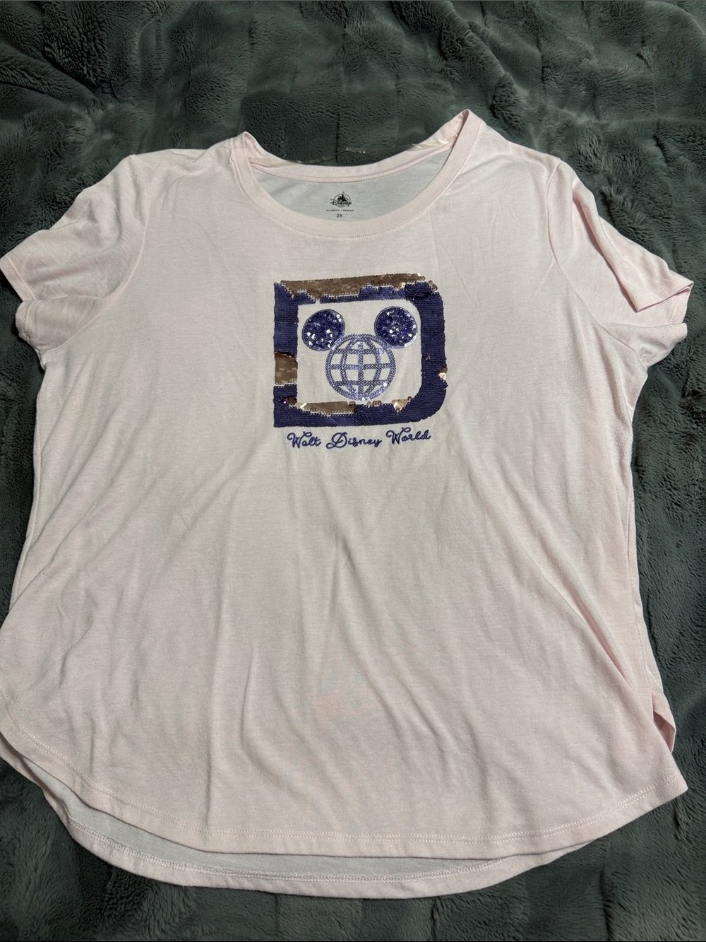 Disney Light Pink Sequin Globe Mickey Short Sleeve Tee